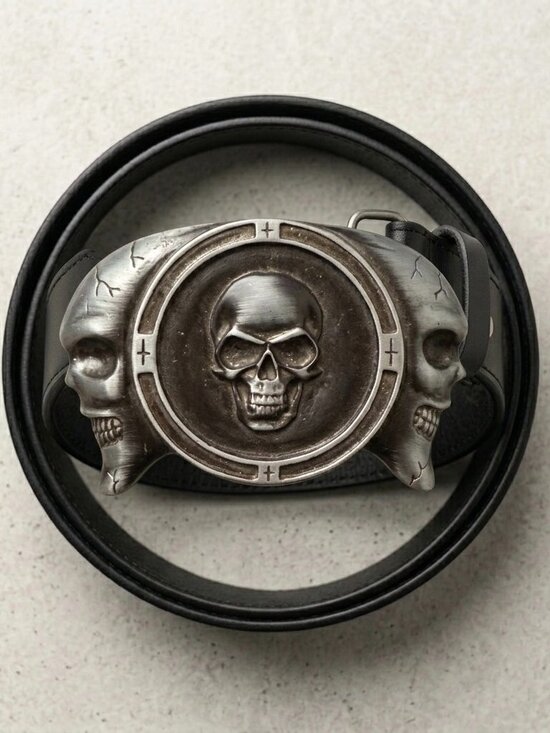 Real Leather Other - Triple Skull Genuine Leather Biker Belt Antique Silver Gothic Skull Buckle